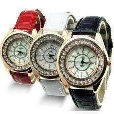 Mother of Pearl and Rose Gold Ladies Leather Watch - Black or White