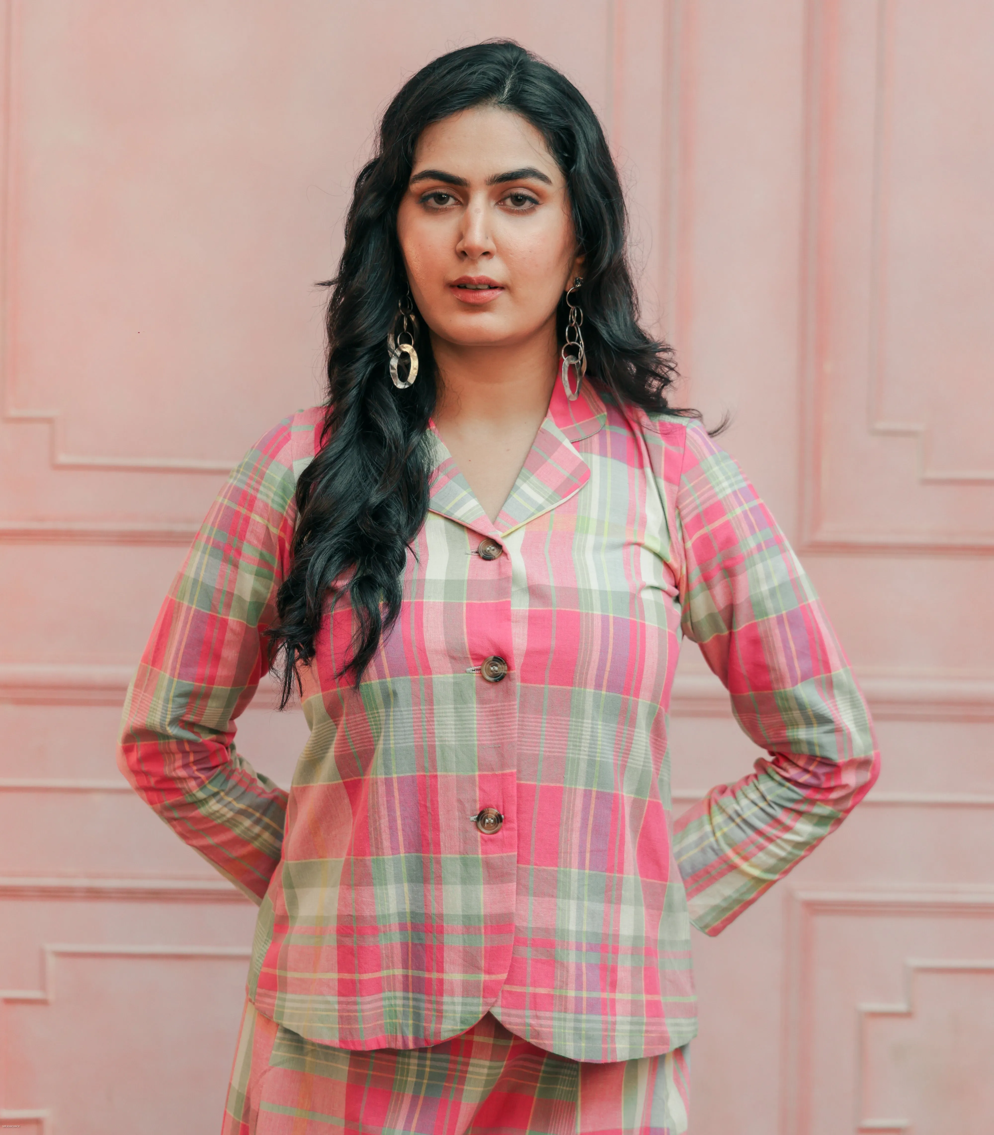 Pink & mint green Madras Cotton checks Jacket & Skirt