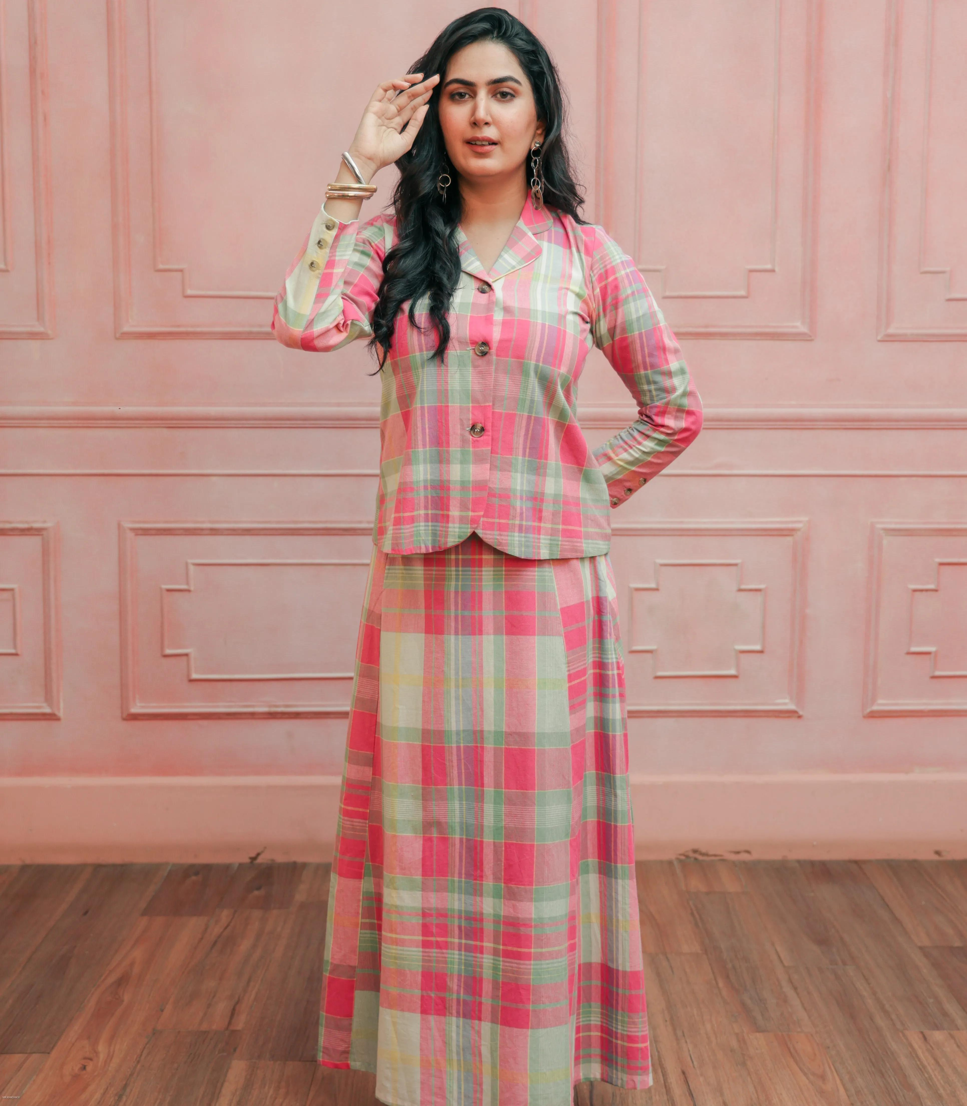 Pink & mint green Madras Cotton checks Jacket & Skirt