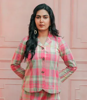 Pink & mint green Madras Cotton checks Jacket & Skirt