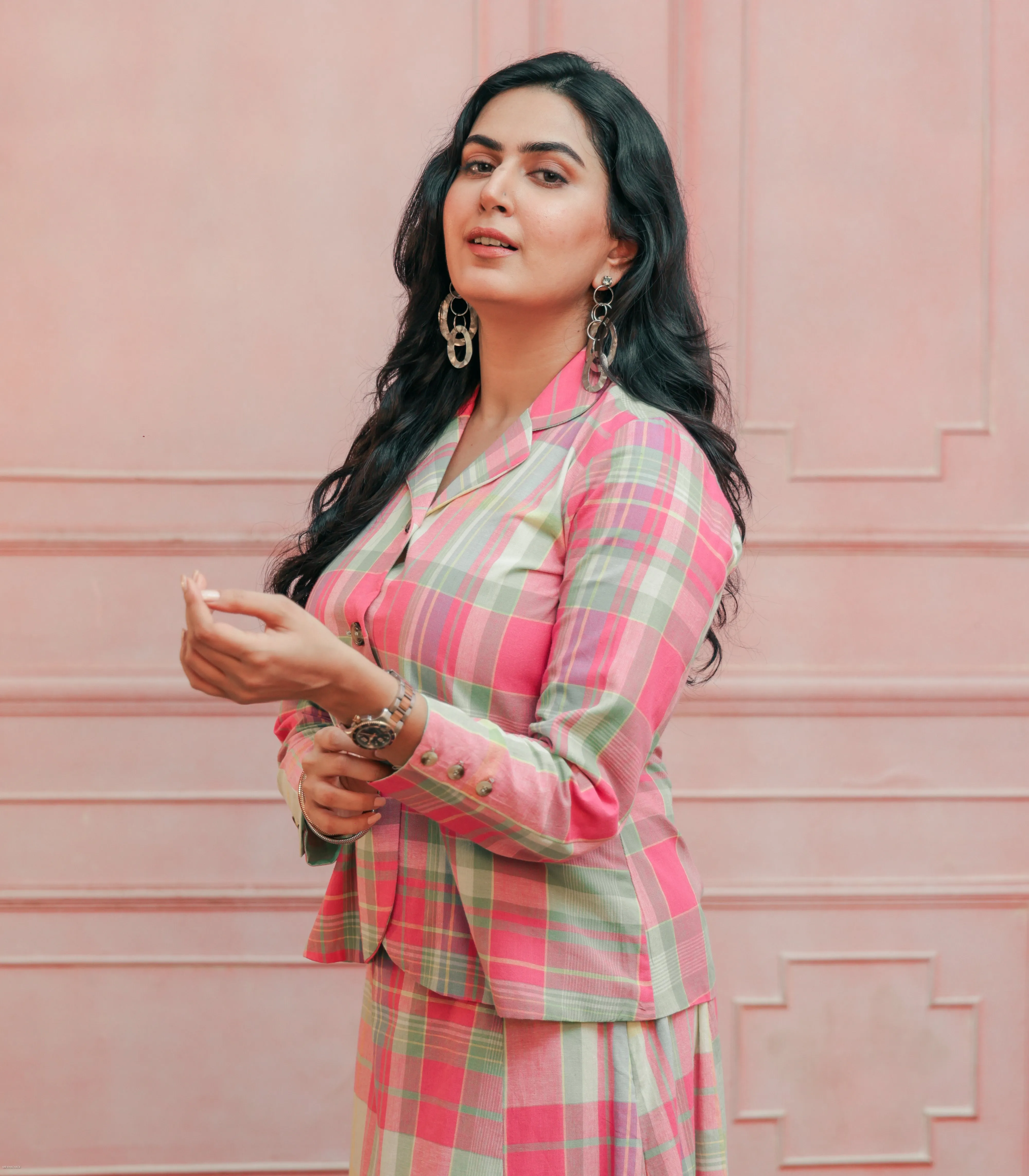 Pink & mint green Madras Cotton checks Jacket & Skirt