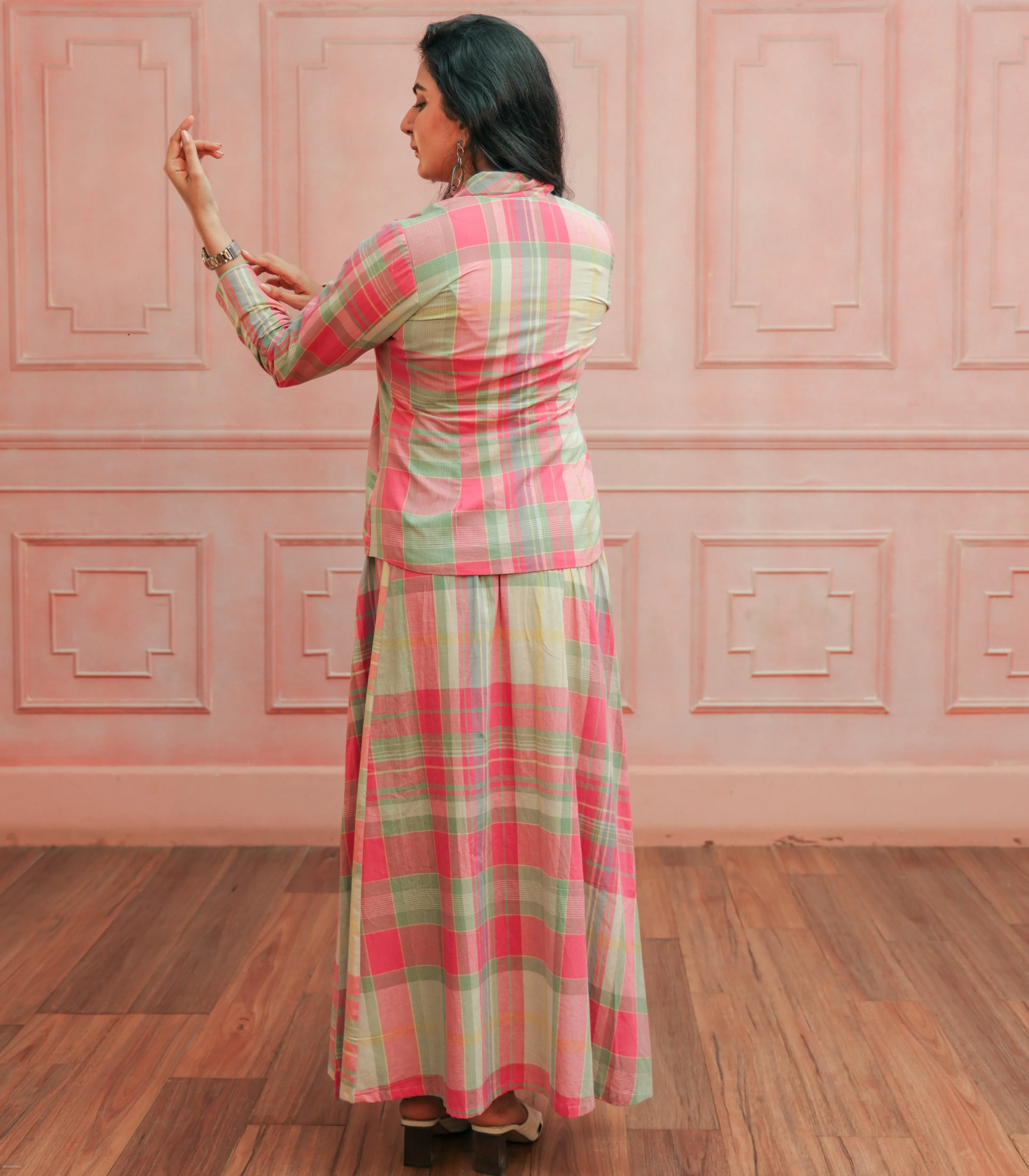 Pink & mint green Madras Cotton checks Jacket & Skirt