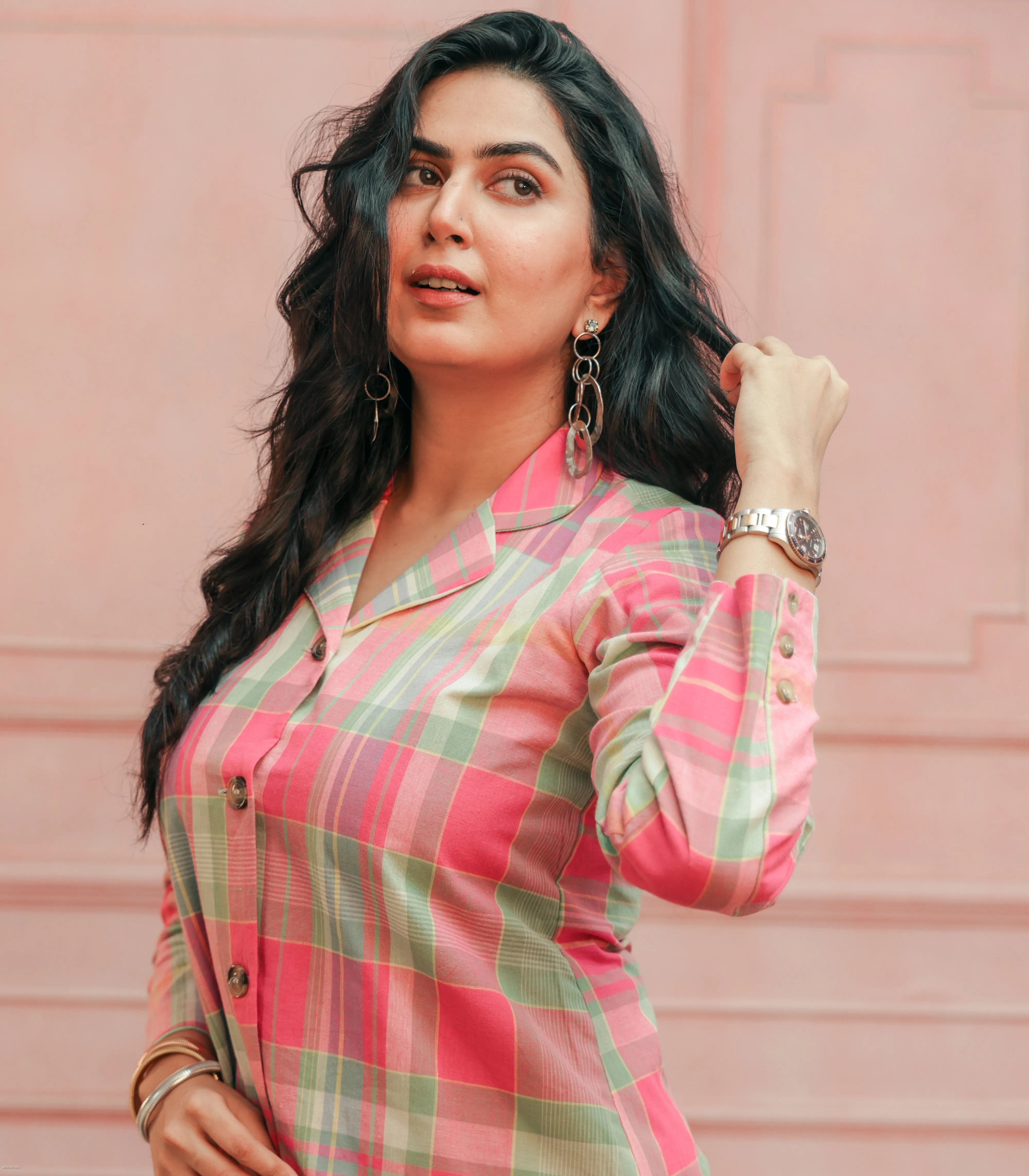 Pink & mint green Madras Cotton checks Jacket & Skirt
