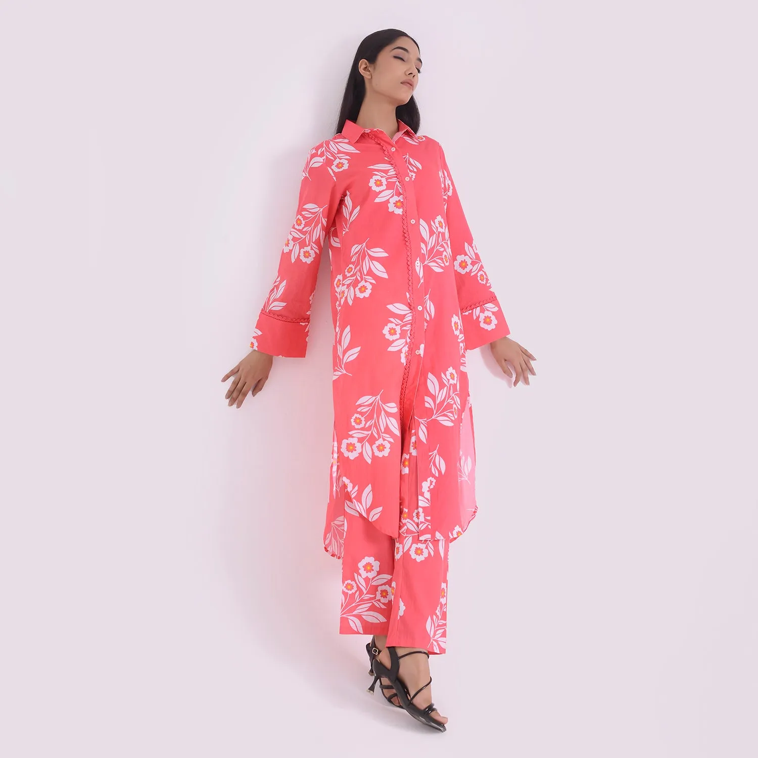 Pink poplin Long shirt with pant set of 2