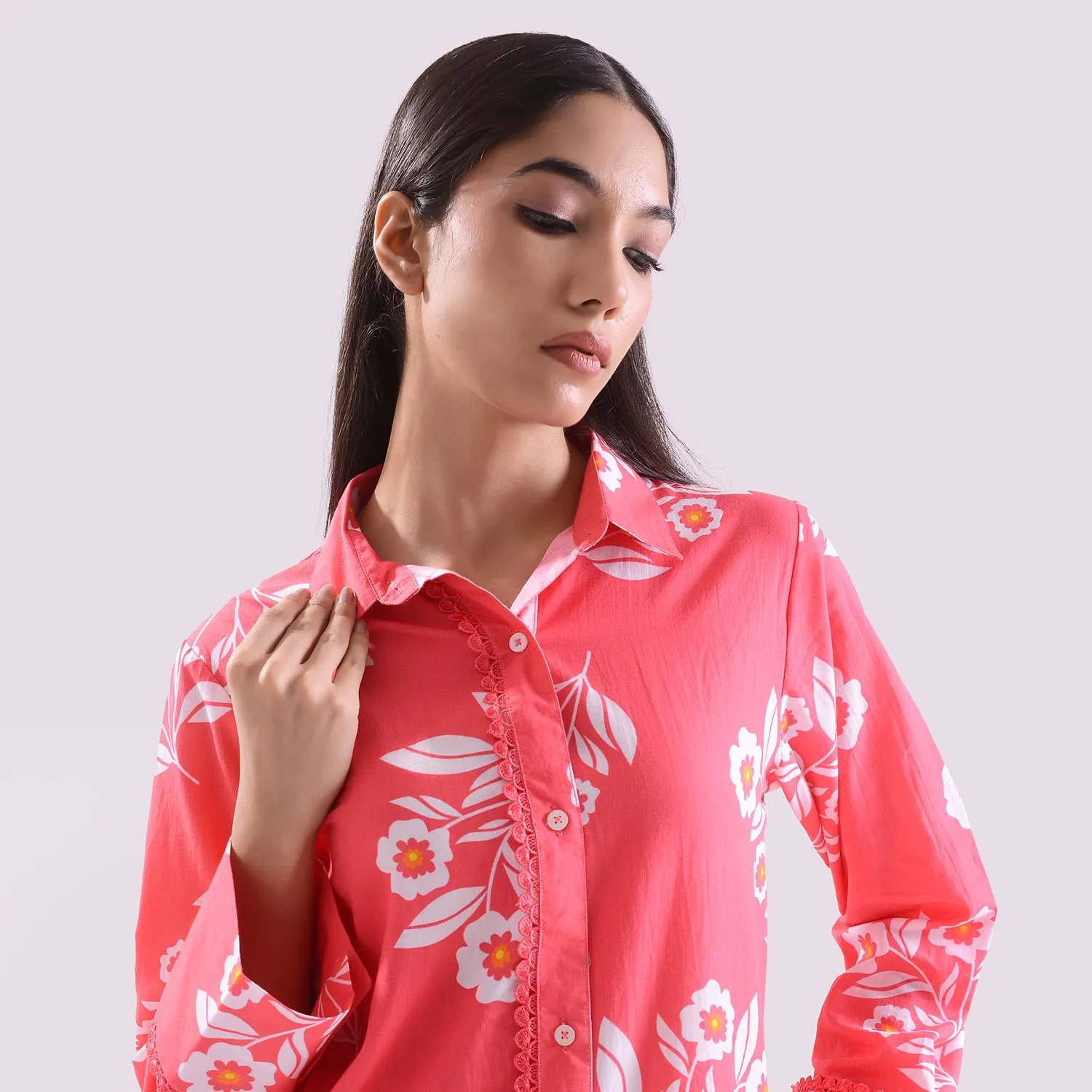 Pink poplin Long shirt with pant set of 2