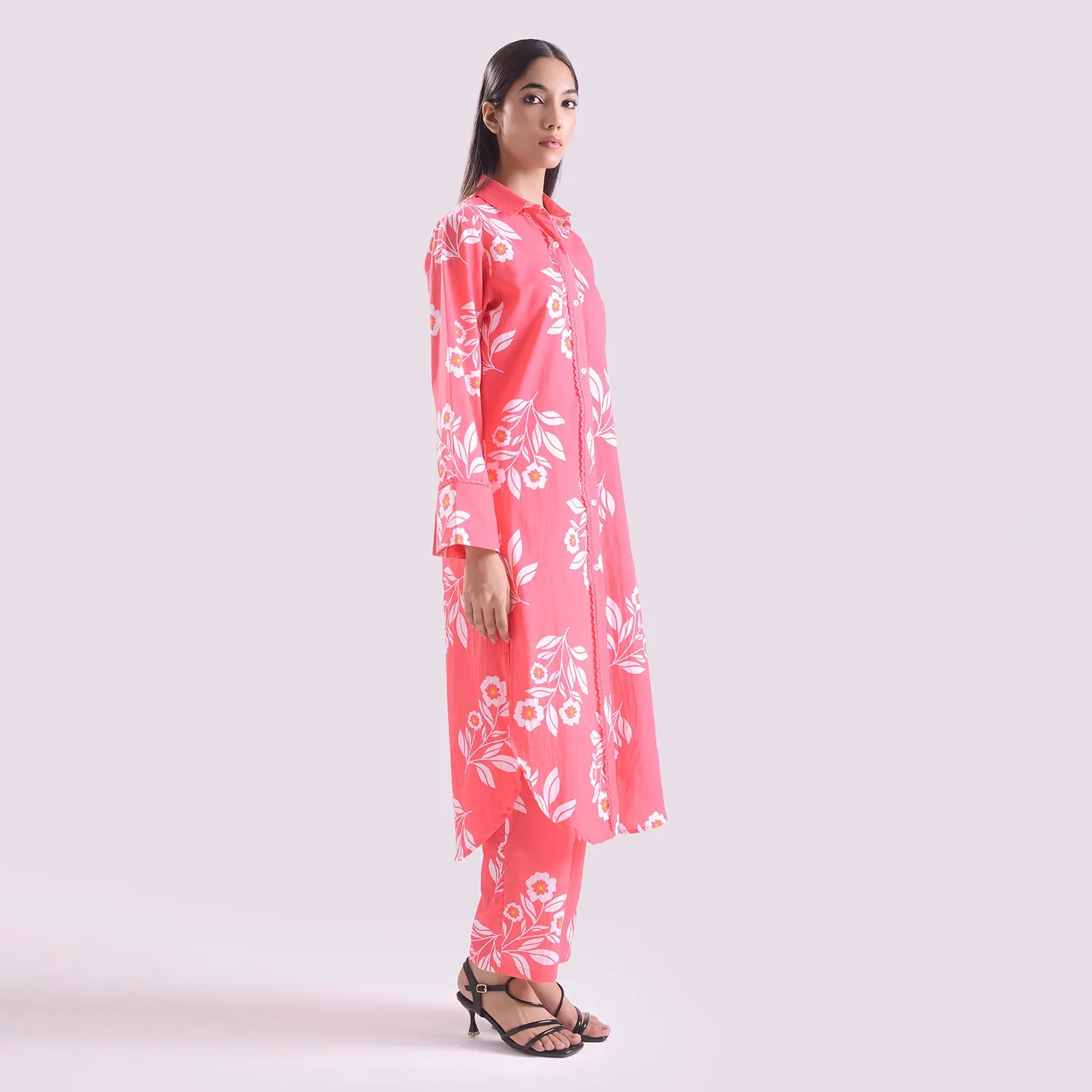 Pink poplin Long shirt with pant set of 2