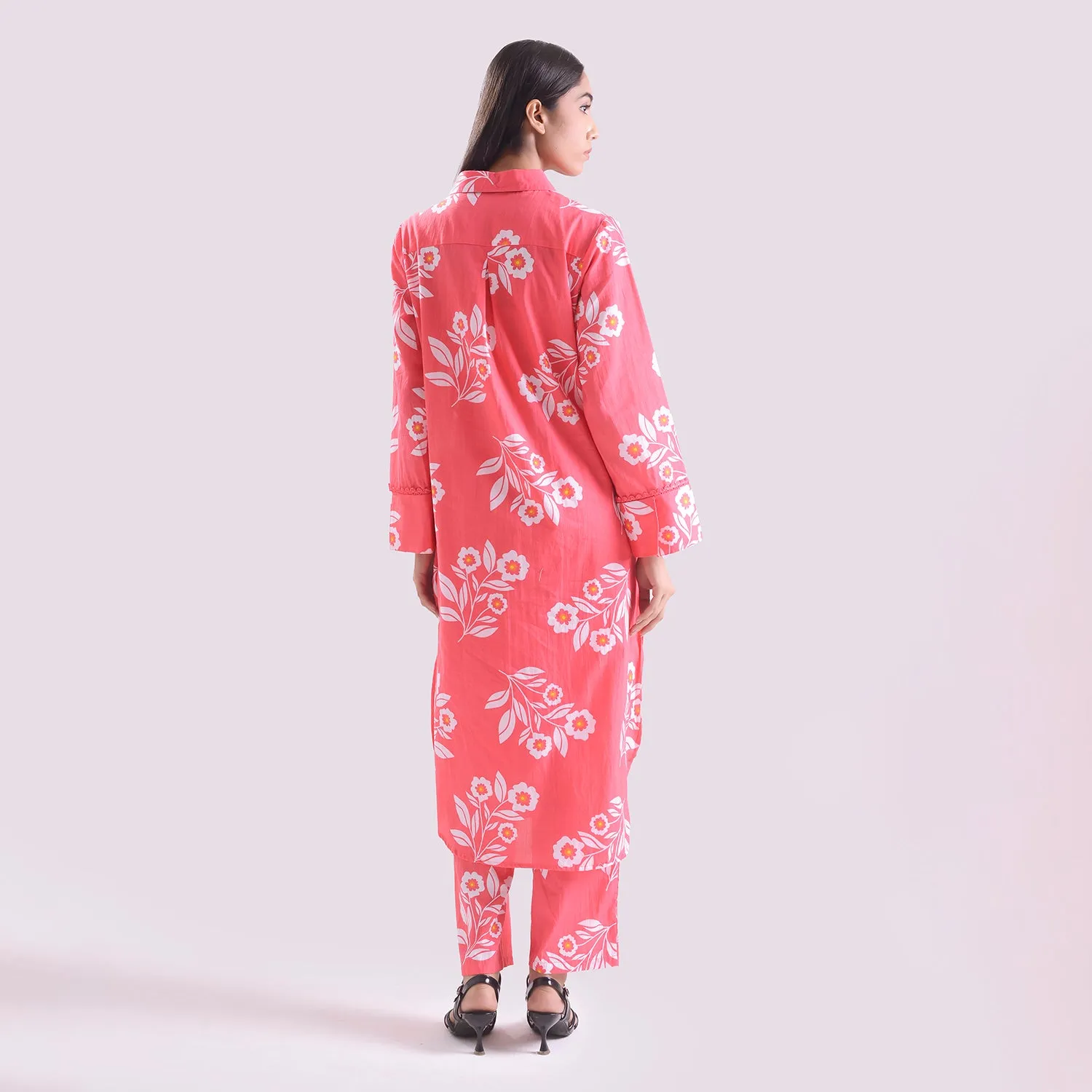 Pink poplin Long shirt with pant set of 2