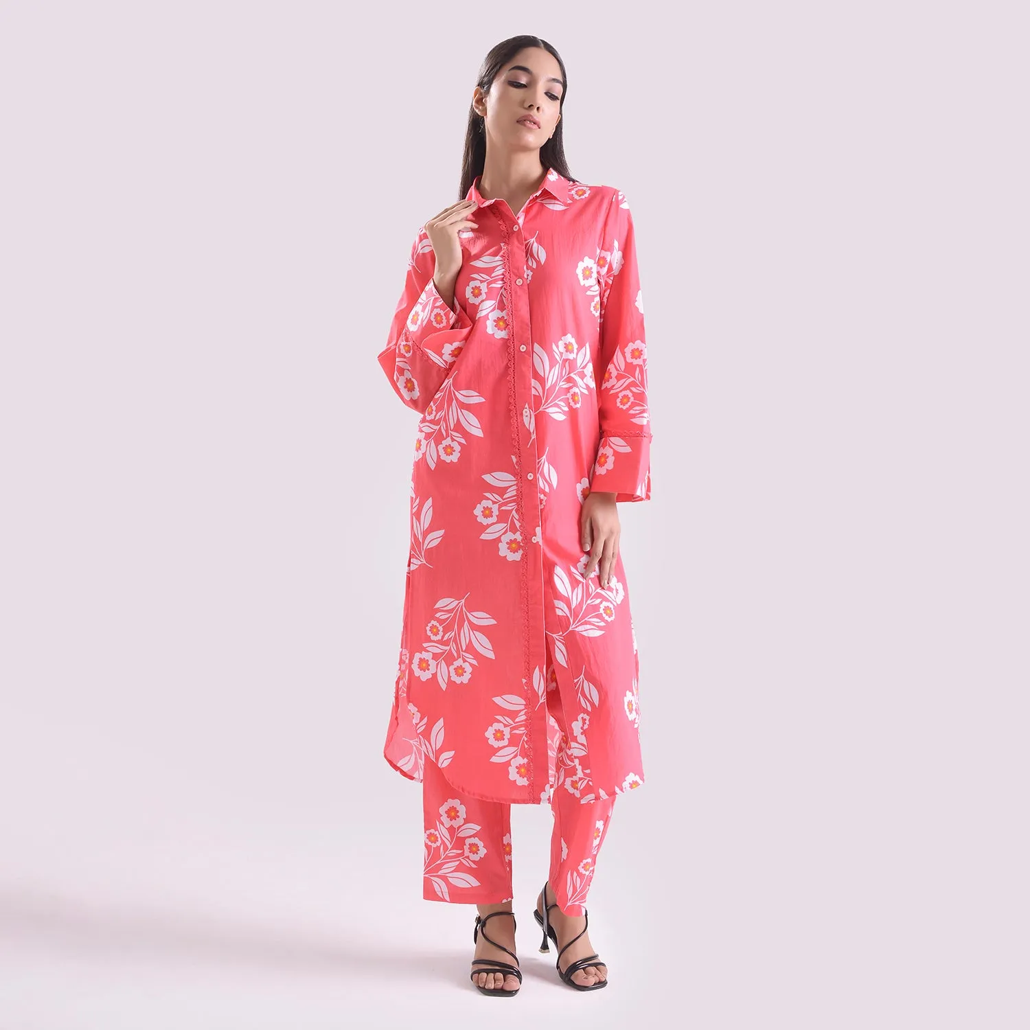 Pink poplin Long shirt with pant set of 2