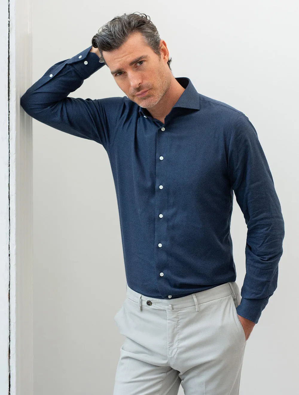 Plain Flannel Slim Fit Shirt Navy