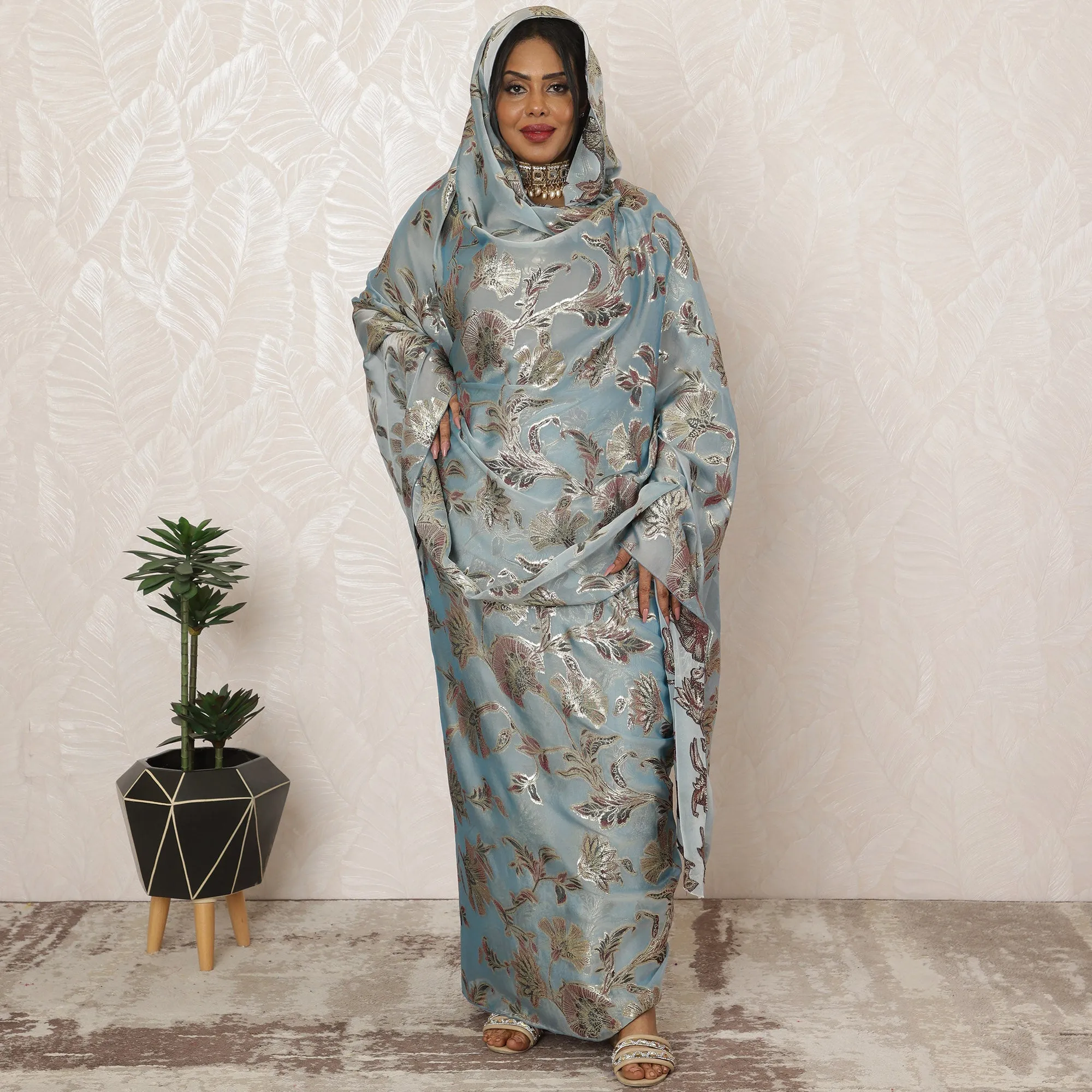 Powder Blue Sudanese Thobe Fabric in Premium Silk Chiffon (Fransawi) with Metallic Lurex, 4.5 Meters, 110 cm Width-D20425