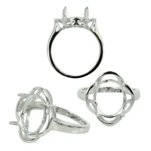 Quatrefoil Frame Ring Setting with Oval Prongs Mounting in Sterling Silver 10x12mm