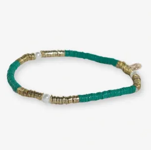 Rory Solid Color W/ Gold and Pearls Small Sequin Stretch Bracelet - Kelly Green