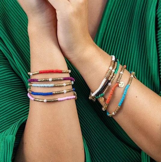 Rory Solid Color W/ Gold and Pearls Small Sequin Stretch Bracelet - Kelly Green