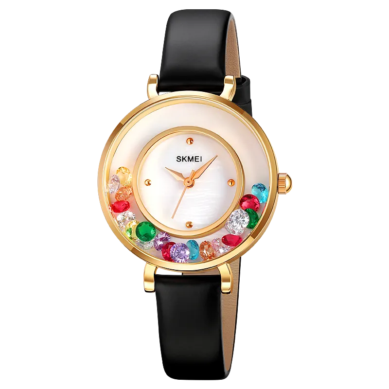 SKMEI 2041 Pearl Shell Dial Simple Watch for Women w/ Rotatable Color Diamond