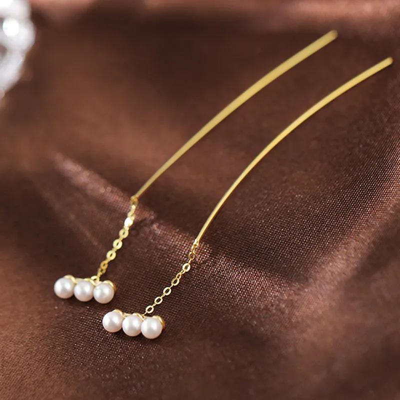 SLUYNZ 925 Sterling Silver Pearl Threader Earring Chain for Women Teen Girls Curve Dangle Earring Tassel Ear Line