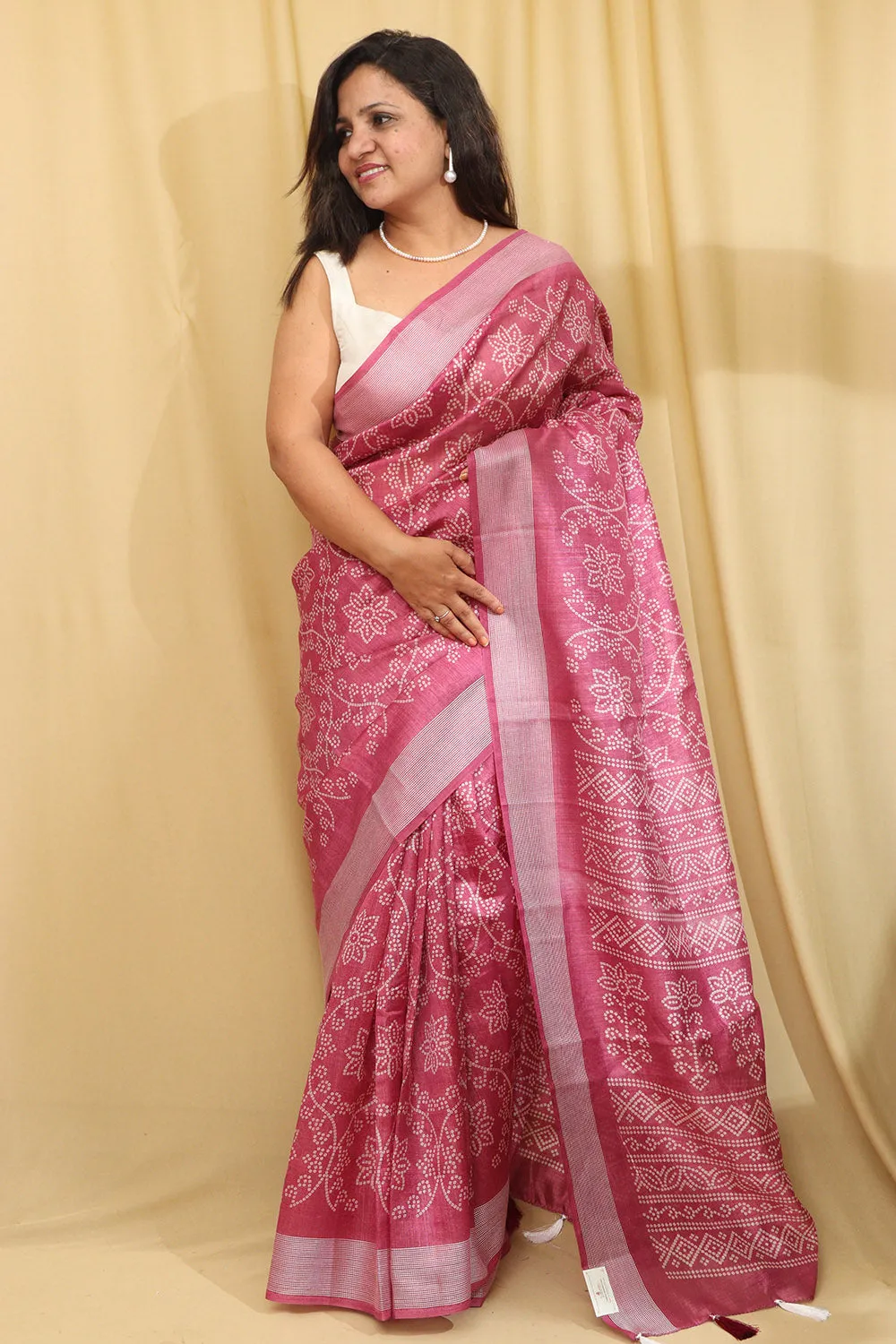 Stunning Pink Bandhani Silk Saree with Digital Print