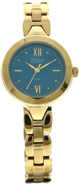Telstar Krakow lady's watch, yellow gold plated, blue dial 30457