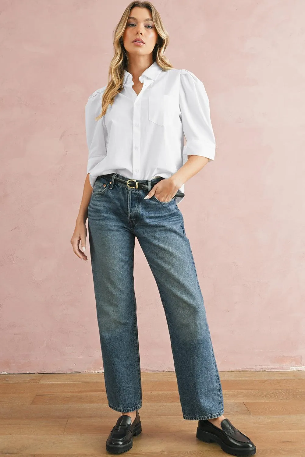 White Solid Color Button Up Puff Sleeve Shirt
