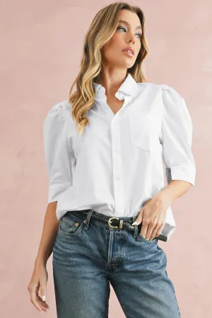White Solid Color Button Up Puff Sleeve Shirt